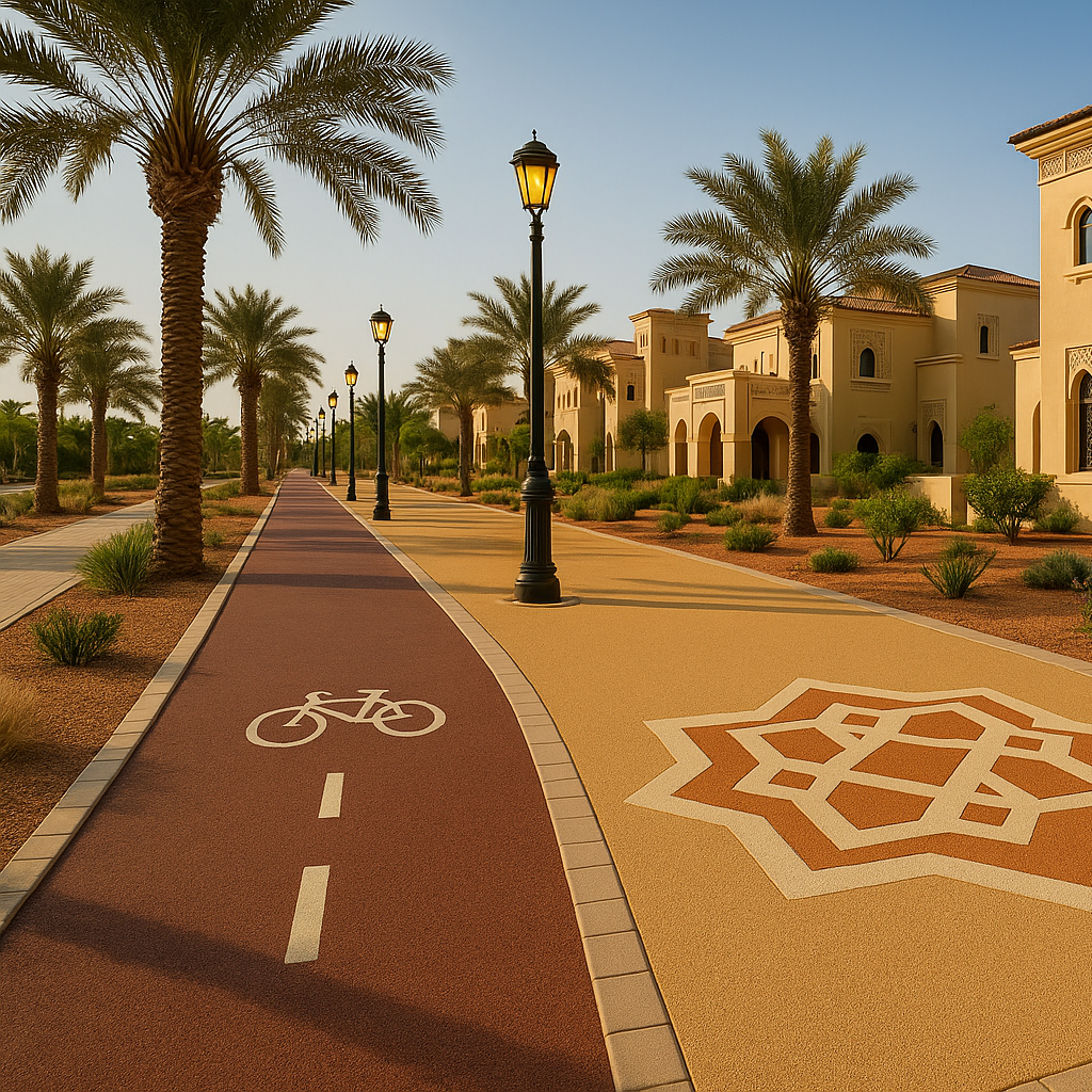 a walkway in a resdiental area with a cycle track showcasing the resin bound surfaces aesthtics in an arabic theme in uae